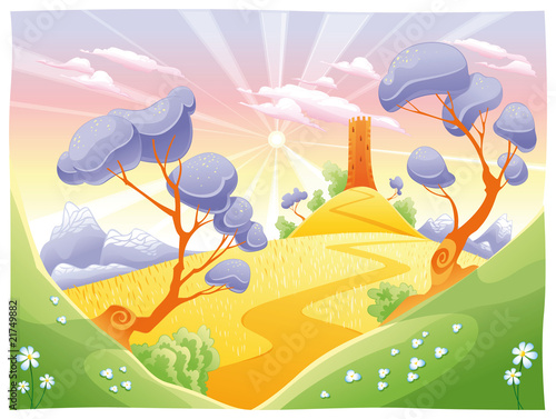 Vector: Landscape with tower. Funny cartoon and vector illustration. Landscape with tower. Funny cartoon and vector illustration.