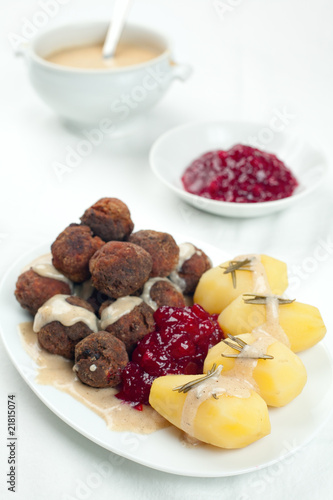 Photo: Swedish Kottbullar meatball with brunsas sauce, boiled potatoes Swedish Kottbullar meatball with brunsas sauce, boiled potatoes
