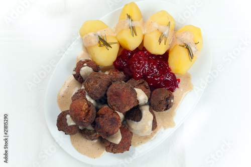 Photo: Sweedish Kottbullar meatball with brunsas sauce, boiled potatoes Sweedish Kottbullar meatball with brunsas sauce, boiled potatoes