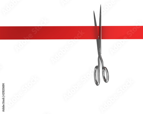 Illustration: Scissors cut the ribbon top view Scissors cut the ribbon top view