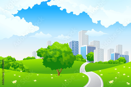Green landscape with city