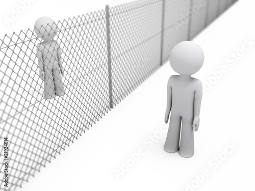 two people separated by a wire mesh fence; 3d rendering two people separated by a wire mesh fence; 3d rendering