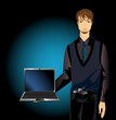 beautiful man, showing a palm laptop