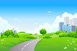 Landscape - green hills with tree and cityscape Landscape - green hills with tree and cityscape