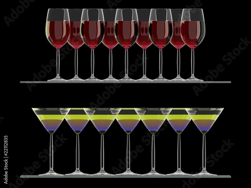Illustration: Wine glasses and cocktail glasses on the shelf isolated on black Wine glasses and cocktail glasses on the shelf isolated on black