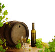 White wine still life with grapevine on white background