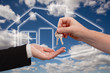 Handing Over Keys on Ghosted Home Icon, Clouds and Sky Handing Over Keys on Ghosted Home Icon, Clouds and Sky