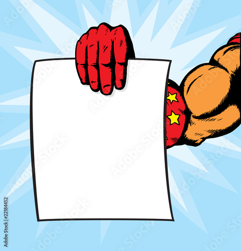 Vector: superhero hand holding flyer. superhero hand holding flyer.