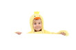 Boy in a chicken costume holding a sign