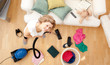 Smiling blond woman vacuuming the living-room Smiling blond woman vacuuming the living-room