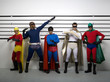 Multi-ethnic superheroes standing police line up