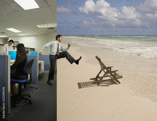Photo: Asian businessman stepping from office to beach Asian businessman stepping from office to beach