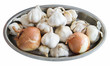 Garlic and Onions on silver tray.