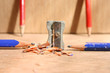 Sharpner, shavings and pencils