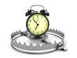 Time management concept. Alarm clock on bear trap.