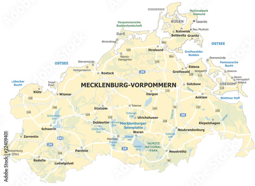 Vektor: Landkarte Mecklenburg-Vorpommern, Ostseeküste Landkarte Mecklenburg-Vorpommern, Ostseeküste