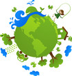 Green planet with many environmental icons