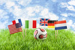 Flags and ball on soccer field