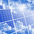 Solar panel with reflection of clouds, clear sky and bright sun Solar panel with reflection of clouds, clear sky and bright sun
