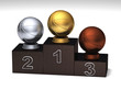 Basketball dark wood podium with trophies on a white floor Basketball dark wood podium with trophies on a white floor