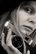 Retro woman photographer. Vintage camera Retro woman photographer. Vintage camera