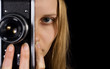 Cute photographer portrait. Vintage camera. Black copy space Cute photographer portrait. Vintage camera. Black copy space