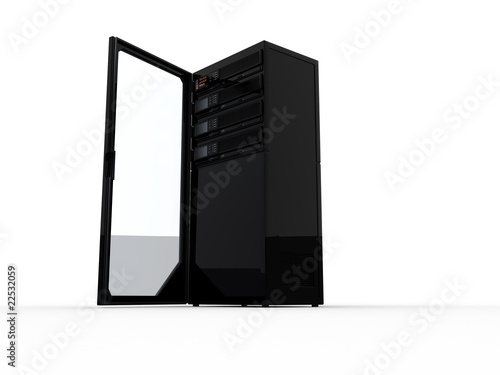 Illustration: Black computer server with an open door Black computer server with an open door