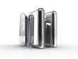 Three futuristic silvery computer servers