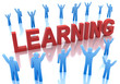 Blue characters round the word learning in red color Blue characters round the word learning in red color