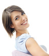 Closeup of a cute female sitting on chair against white