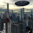 Illustration: alien UFO ship in futuristic landscape alien UFO ship in futuristic landscape