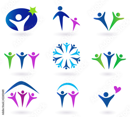 Vector: Community, network and social icons - blue, green and pink Community, network and social icons - blue, green and pink