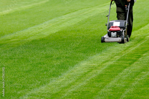 Photo: Person cutting grass with mower Person cutting grass with mower