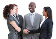 Jolly business partners shaking hands standing