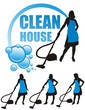 Housewife with vacuum cleaner over white background.