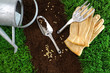 Assortment of garden tools on earth