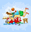 small boy in box full of toys