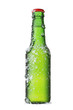Green beer bottle isolated with snow frozen effect.