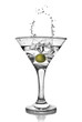 martini with olive and splash isolated on white