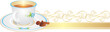 Cup with tea and candies on the golden ribbon. Vector