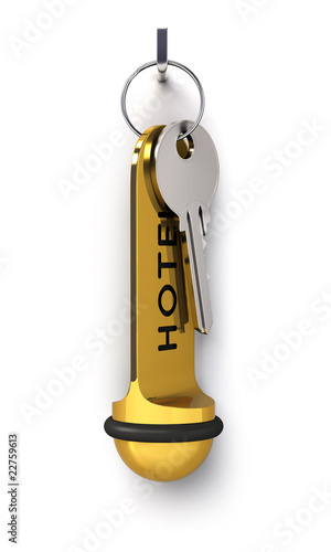 Illustration: Hotel key with golden keyring hanging Hotel key with golden keyring hanging
