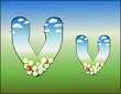 Alphabet with clouds, flowers and ladybirds