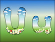 Alphabet with clouds, flowers and ladybirds