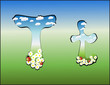 Alphabet with clouds, flowers and ladybirds