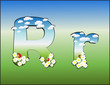 Alphabet with clouds, flowers and ladybirds