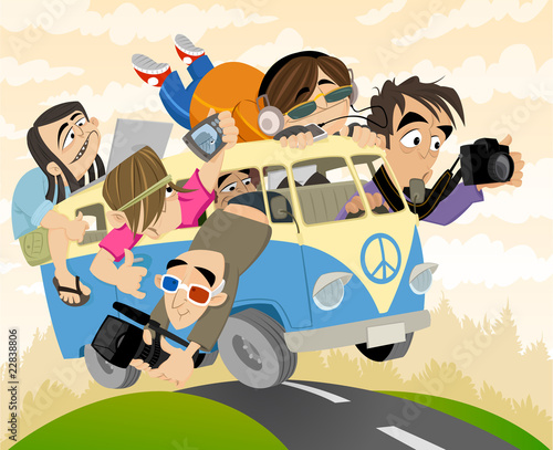 Vector: Creative People on a Vintage Micro Bus Creative People on a Vintage Micro Bus