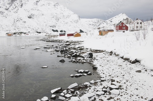Photo: Village in coastal landscape, Skjelfjord, Flakstadoya, Loftofen, Norway Village in coastal landscape, Skjelfjord, Flakstadoya, Loftofen, Norway