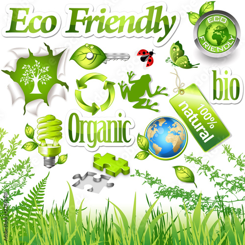 Illustration: Environmental design elements and green icons (set 1) Environmental design elements and green icons (set 1)