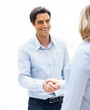 Handsome young man shaking hands with a woman on white