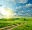 Summer landscape with green grass, road and clouds